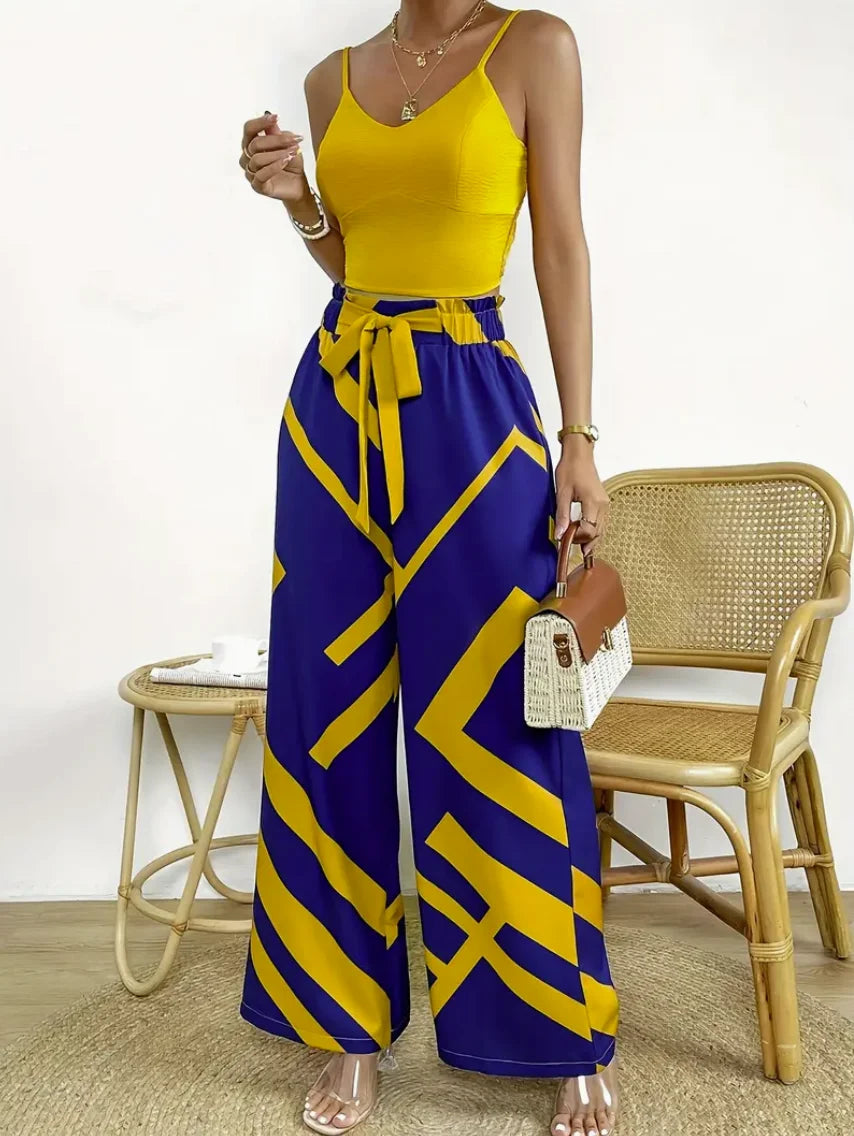 Geometric Pattern Print Wide Leg Pants Bow Front High Waist Pants For Every Day