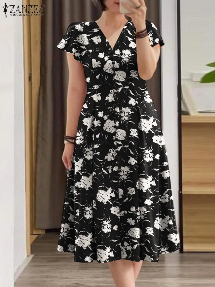 Summer Midi V-neck Fitted-waist Party Sun Dress
