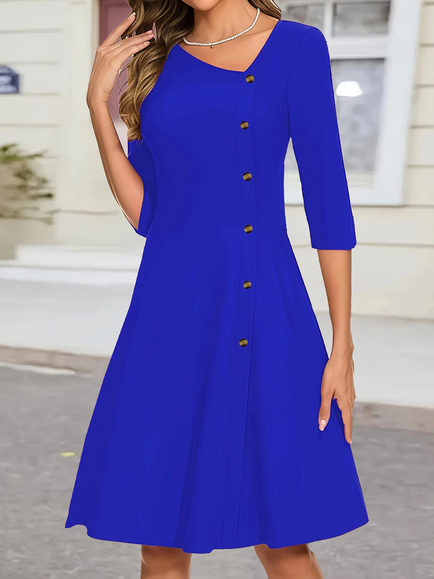 Elegant Solid Color Slanted V-Neck with Button Details