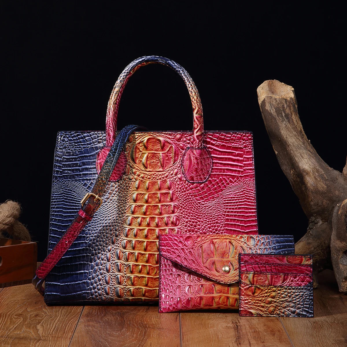 3 set Crocodile Pattern Handbag & Purses Set, Multi-functional Vintage Top Handle Crossbody Bag & Business Clutch Bag