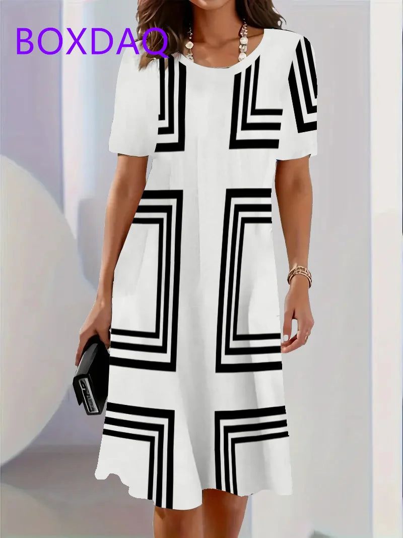 Geometric Stripe Printed Short Sleeve O-Neck Dress