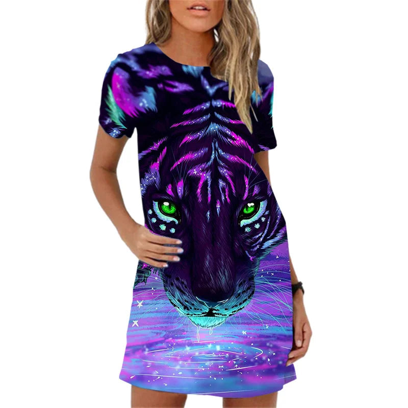 Tiger Pattern Printing Short Sleeve  Summer  Mini Dress