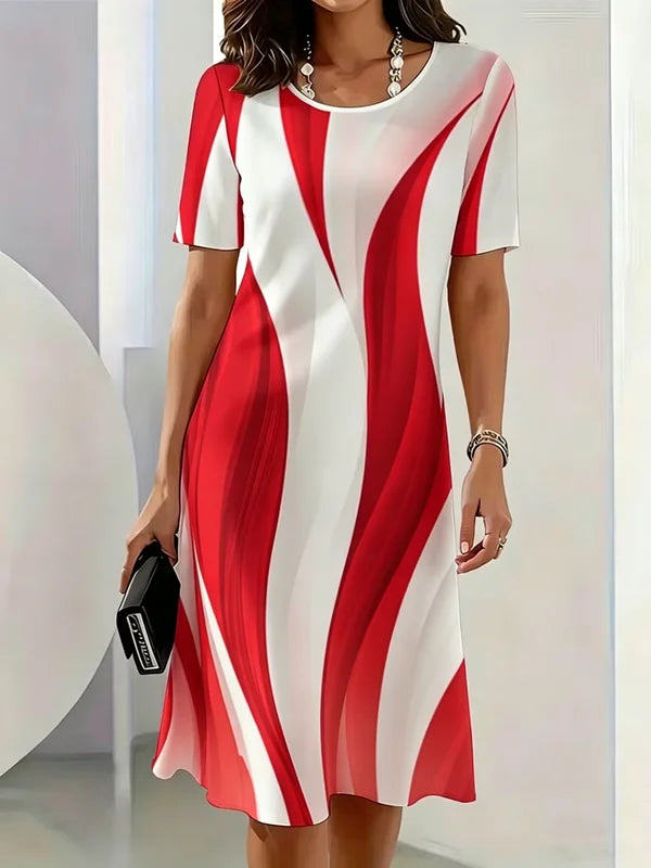 Gradient Striped Pattern Printed Short Sleeve O-Neck Dress