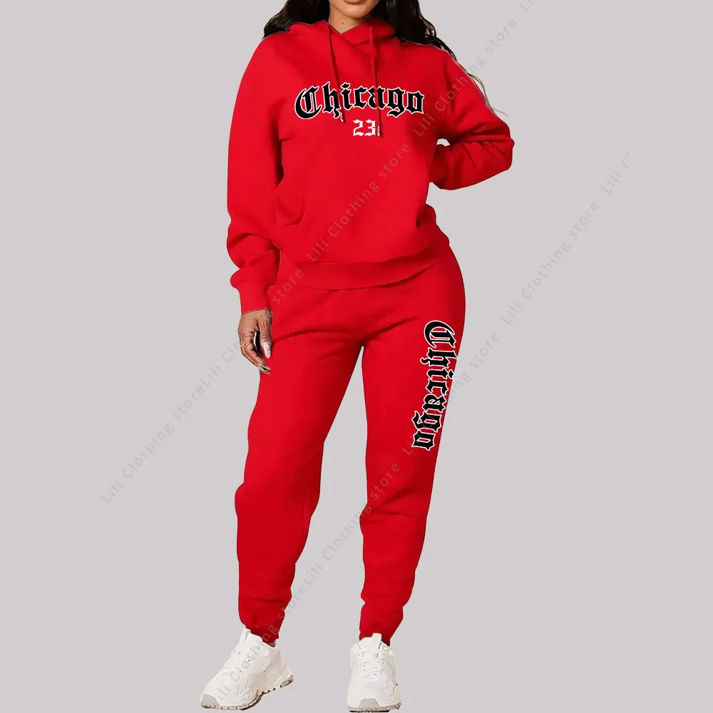 Women's Sets Hoodies Pants 2 Piece Outfits Chicago Graphic Letter Print
