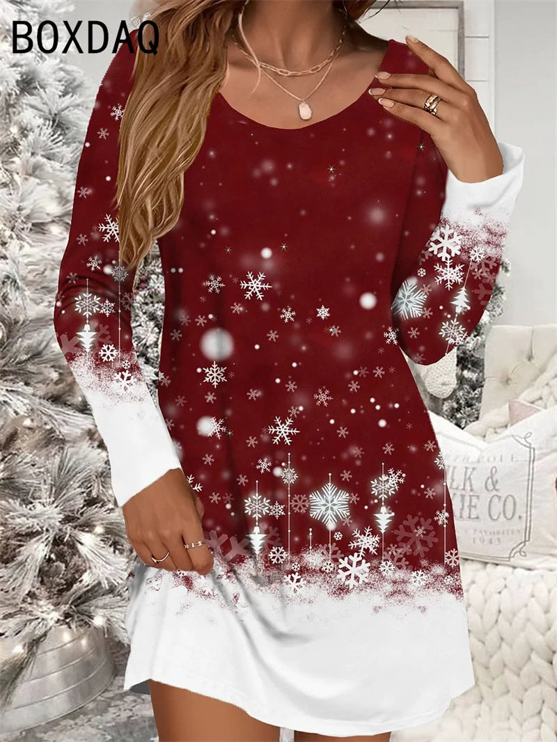 Christmas Snowflake Print Mini Dress Long Sleeve O-neck