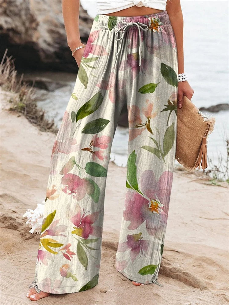 Relaxed-Fit Casual Pants 3D Floral Print Comfortable Breathable Fashionable Wide-Leg Pants