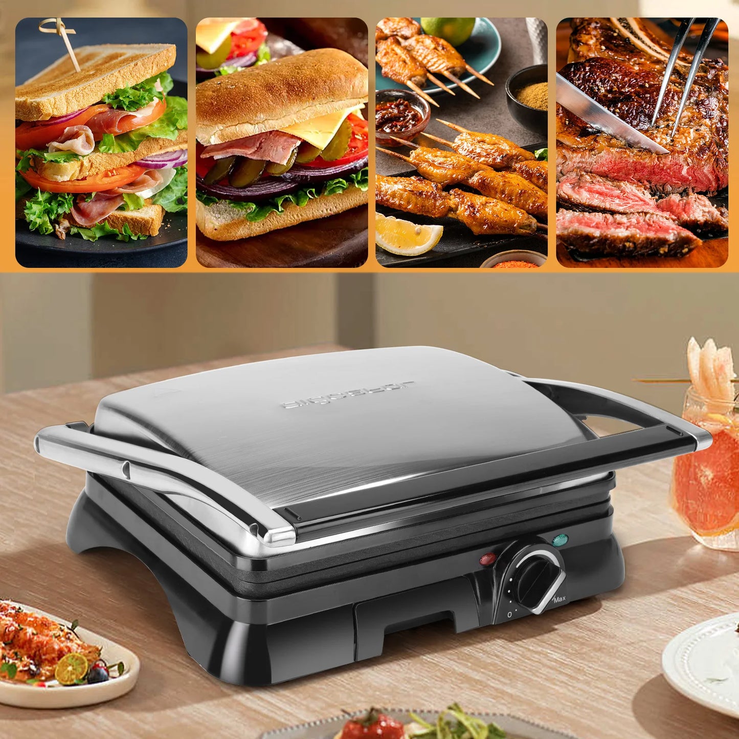 Electric Grill, Sandwich Maker, Non-Stick Coating, Temperature Regulator, 180º Opening, Bpa Free, 2000W