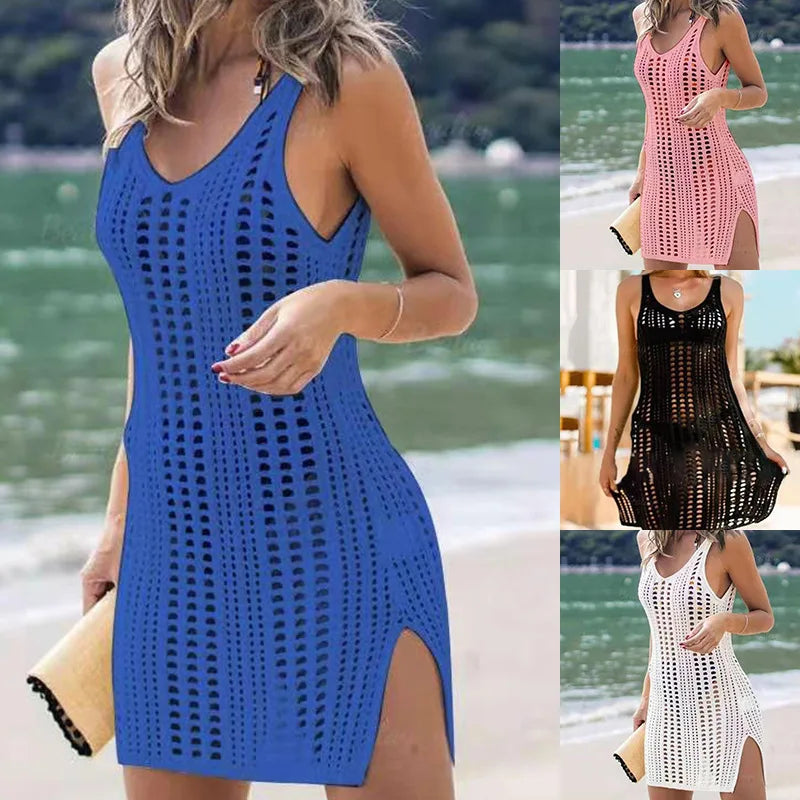 Beach Wear Solid Color Sun Protection Hollow Bikini Knitted Sexy Dress