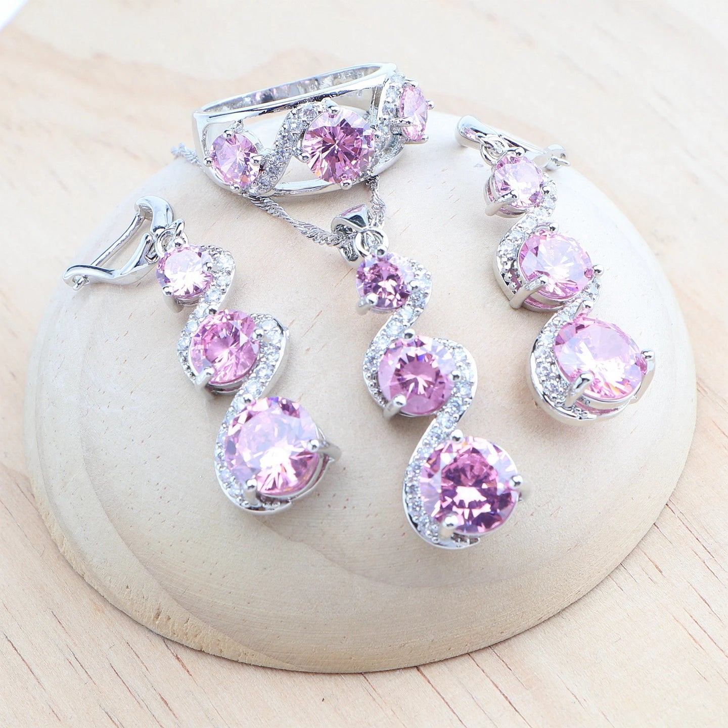 Round Pink Zircon Bridal Silver, Bracelets Earrings Rings Pendant Wedding Necklace 4Set