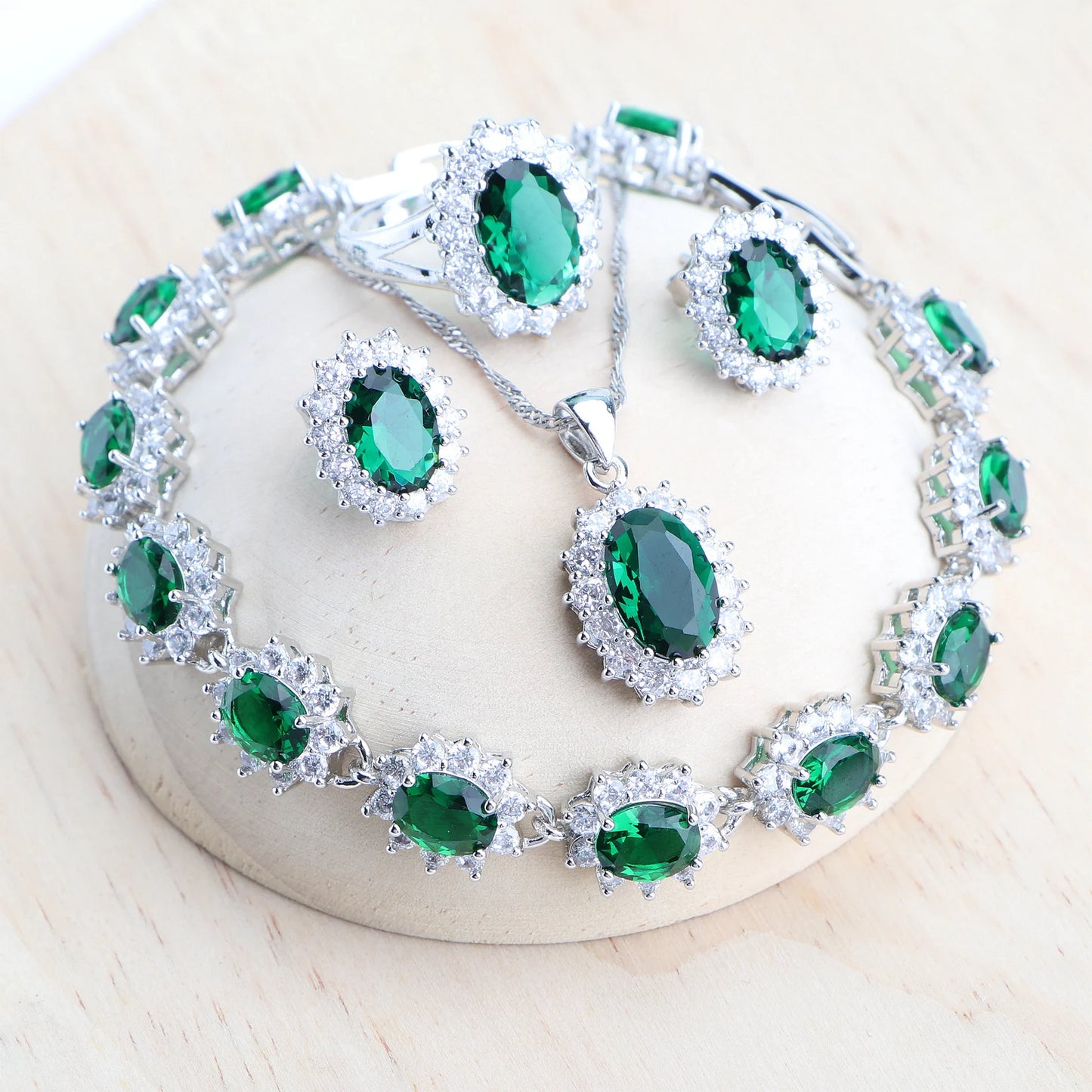 Silver jewelry 4Sets Blue Zirconia Costume Fine Jewellery  Necklace Earrings Rings Bracelets Pendant