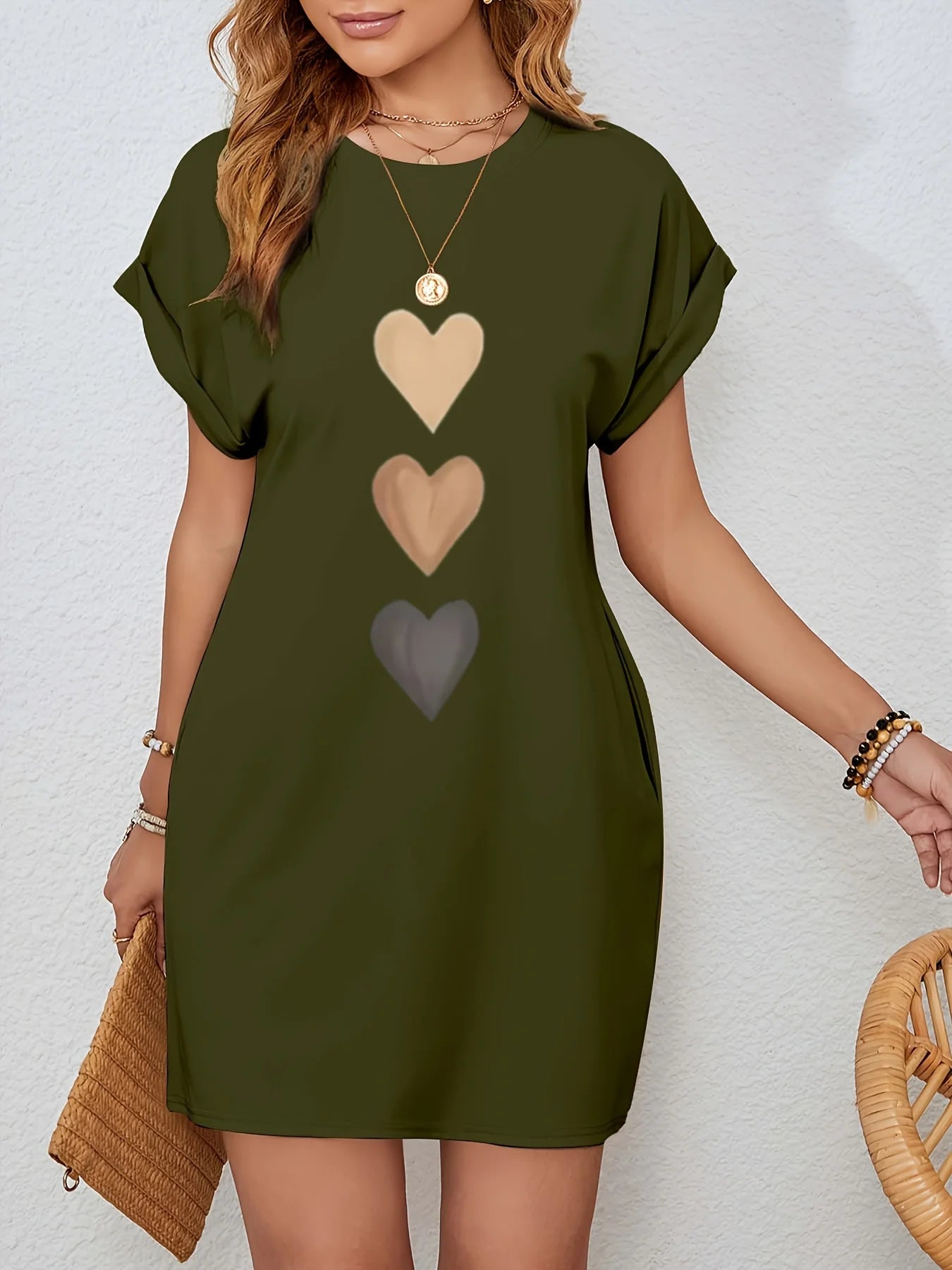 Knit TShirt Dress with Heart  Print Crew Neck Short Sleeve Fashionable
