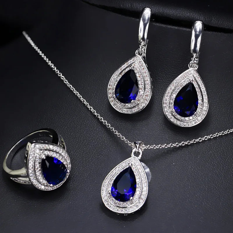 Rings Earrings Necklace 925 Silver Jewelry Set for Women Wedding Party