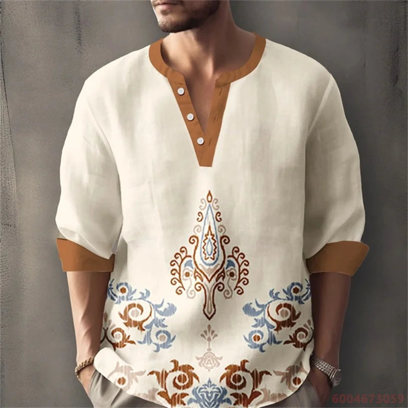 Long sleeved shirt for summer vacation, a color-blocked geometric print and Henley collar