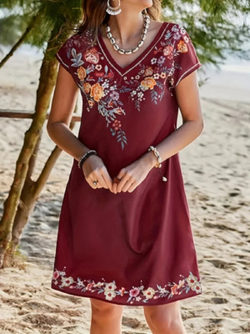 Bohemian Floral Print V-neck Slimming Short-sleeved Straight Dress