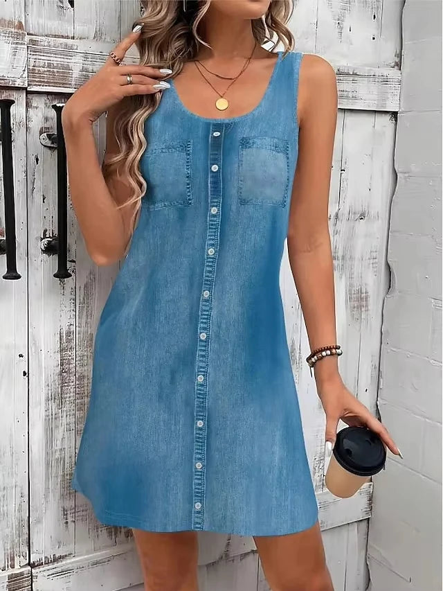 Fit Floral Sleeveless Crew Neck 3D Print Mock Pocket Dress Top