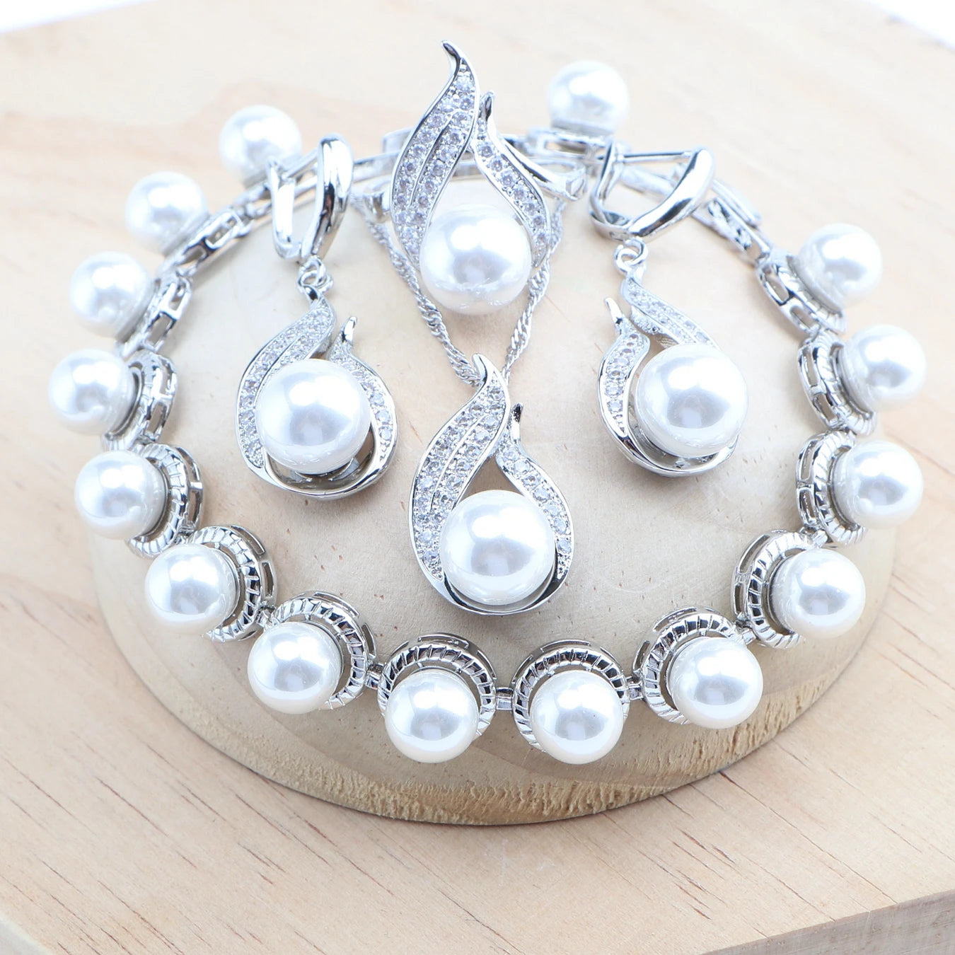 Silver Black Pearl Jewelry Sets Bridal White Zircon Wedding  Rings Earrings Pendant Necklace Bracelets 4Set