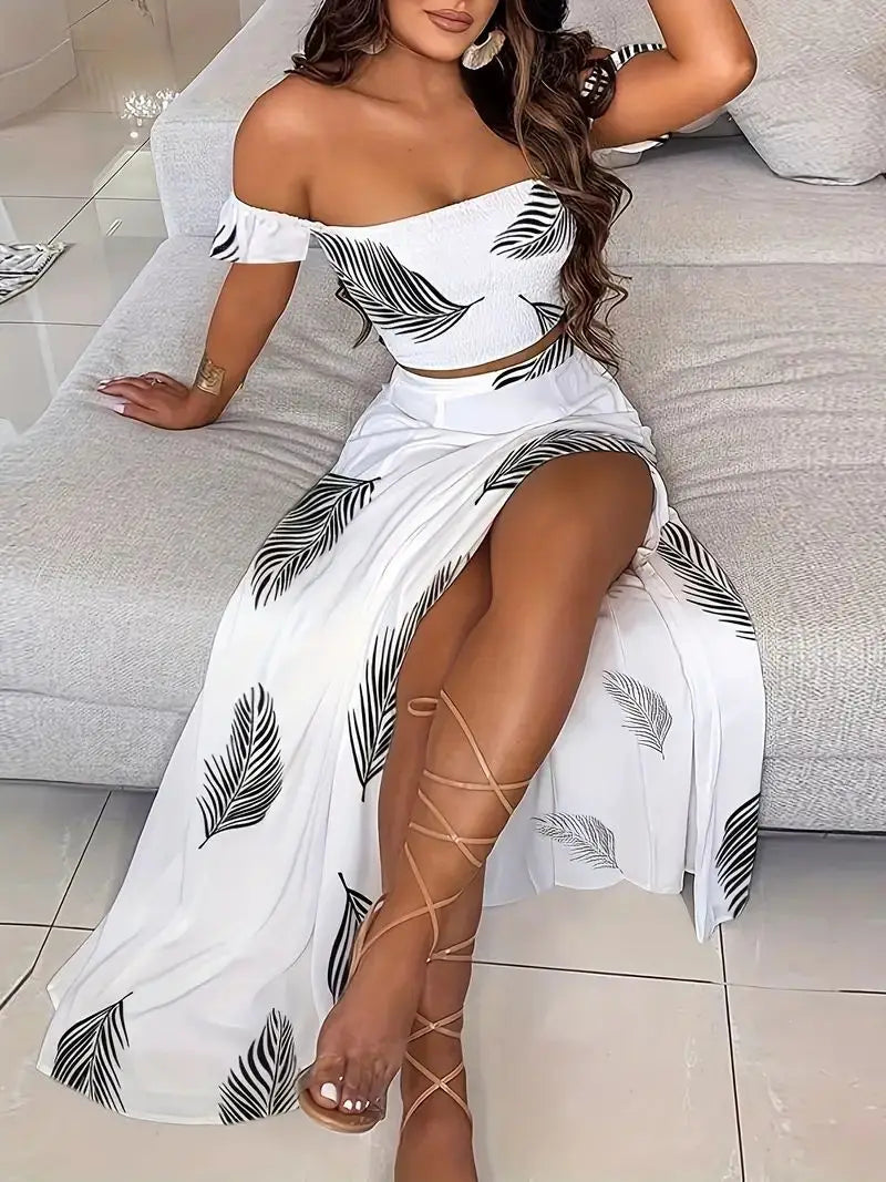 Bohemian Two-piece Set Women's Off-shoulder Elastic Solid Color Vest With feather Print High Waist Slit Skirt Set