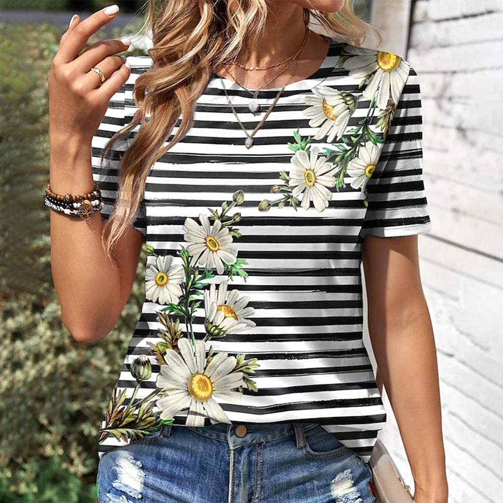 Short Sleeve T-Shirts 3d Flower Print Round Neck