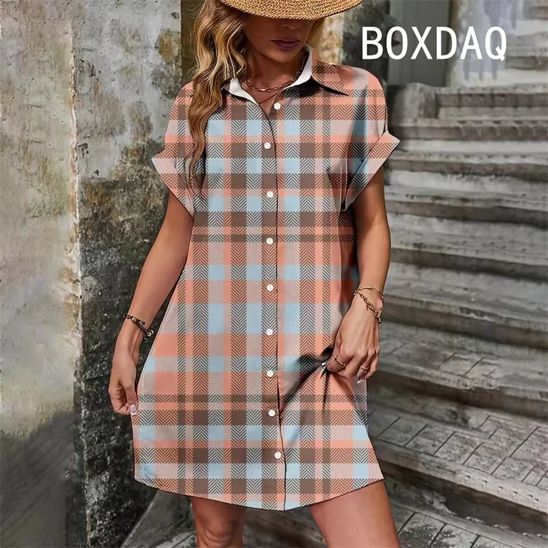 Elegant Vintage Striped Print  Short Sleeve With Button  Dress