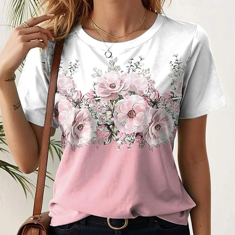 Short Sleeve T-Shirts 3d Flower Print Round Neck