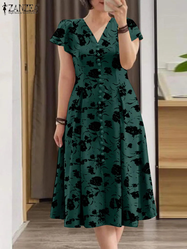 Summer Midi V-neck Fitted-waist Party Sun Dress