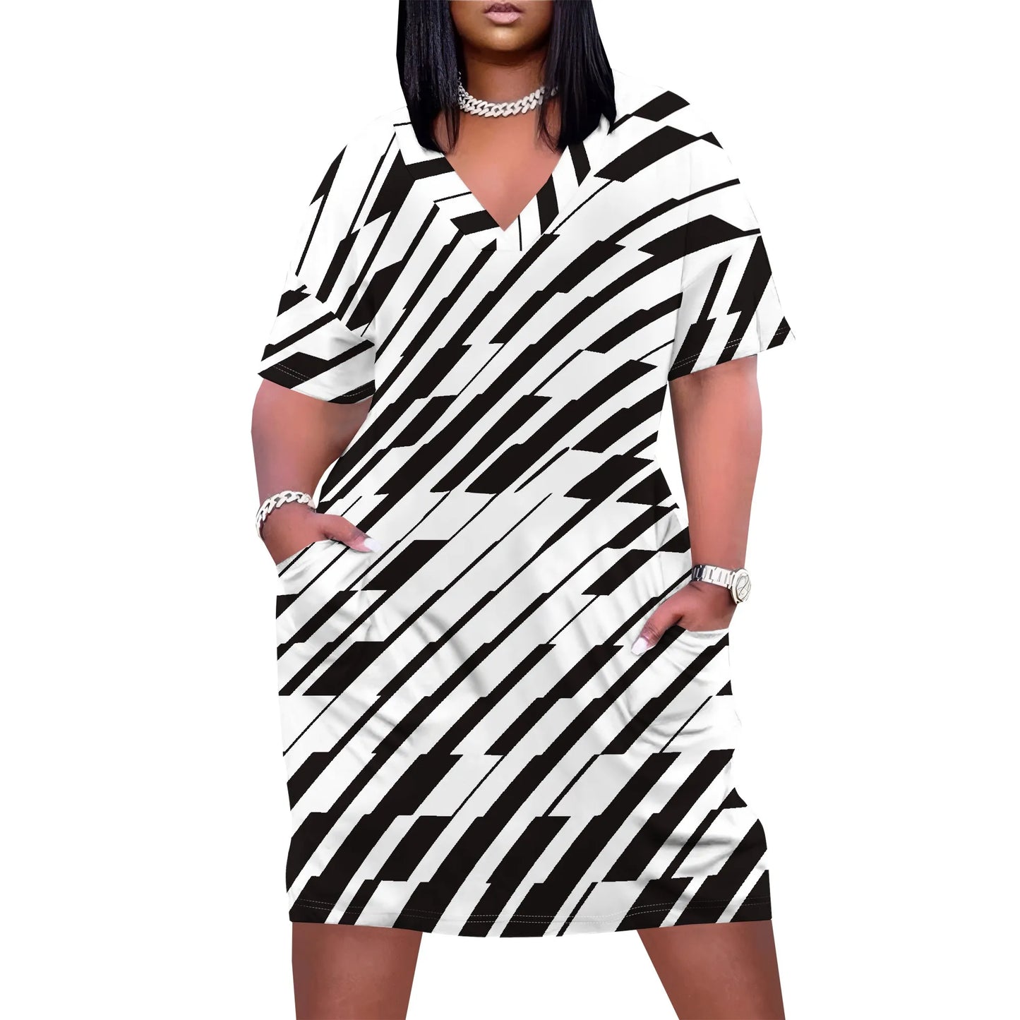 V Neck Short Sleeve with Front Two Pockets Solid Color Oversize Dress