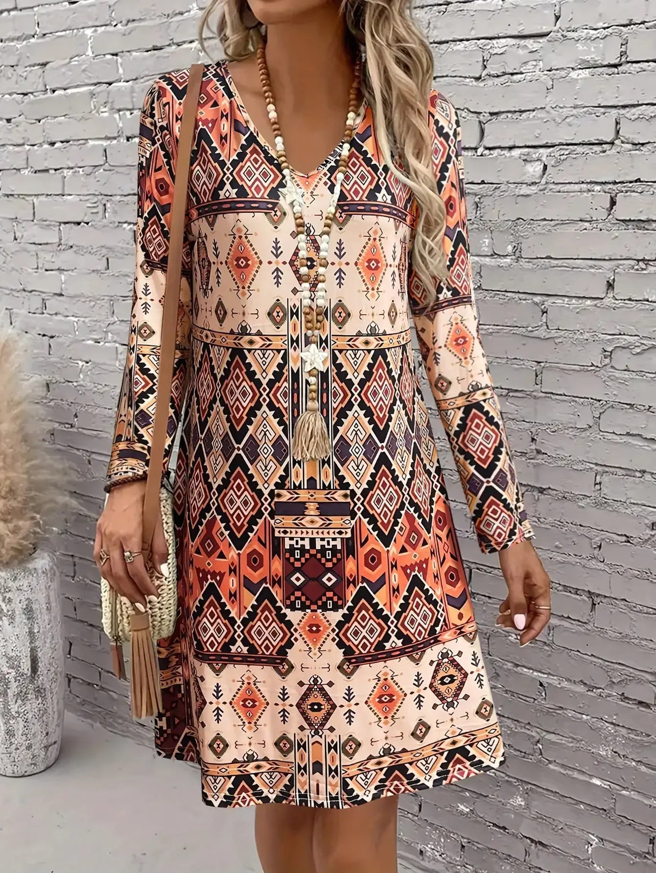 Long Sleeve  Scallop  Mini  V-neck Dress