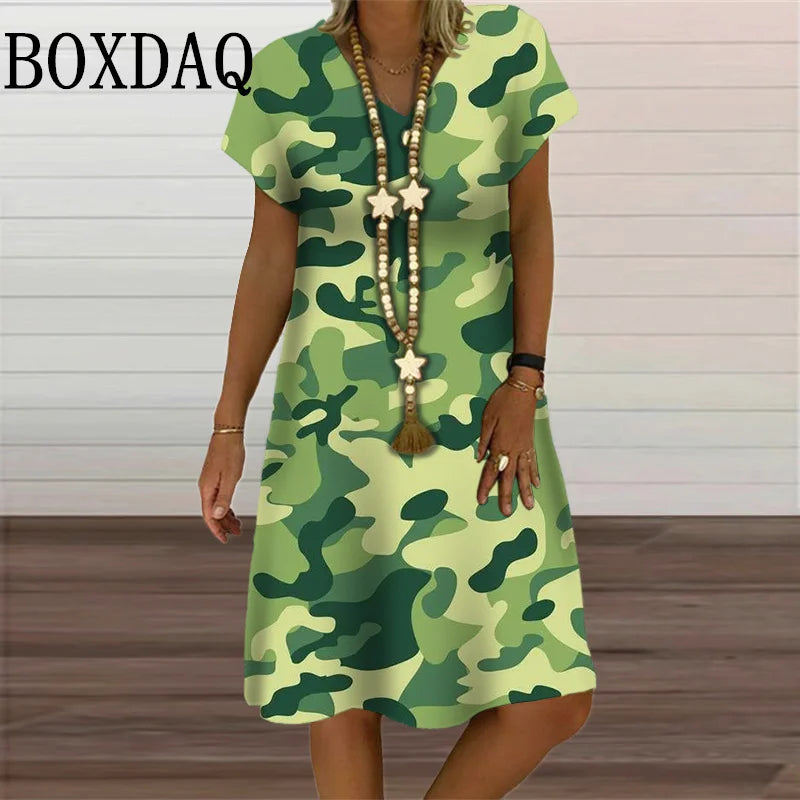 Camouflage Print Midi Dress V-Neck Summer Clothing