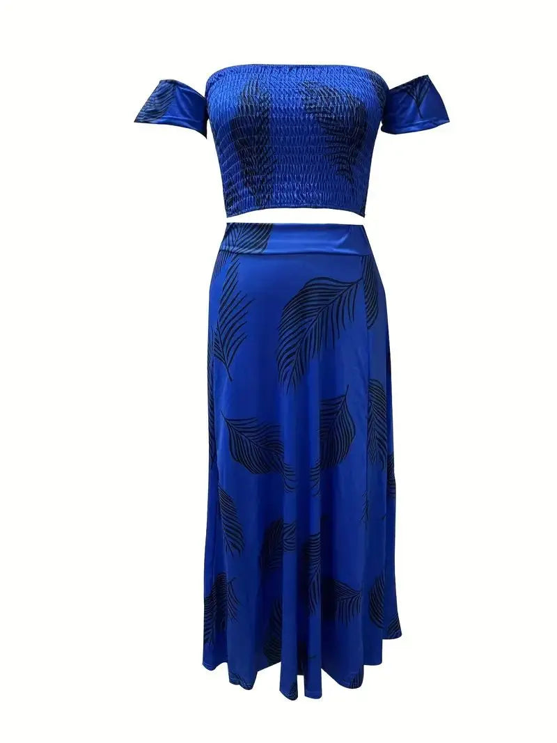 Bohemian Two-piece Set Women's Off-shoulder Elastic Solid Color Vest With feather Print High Waist Slit Skirt Set