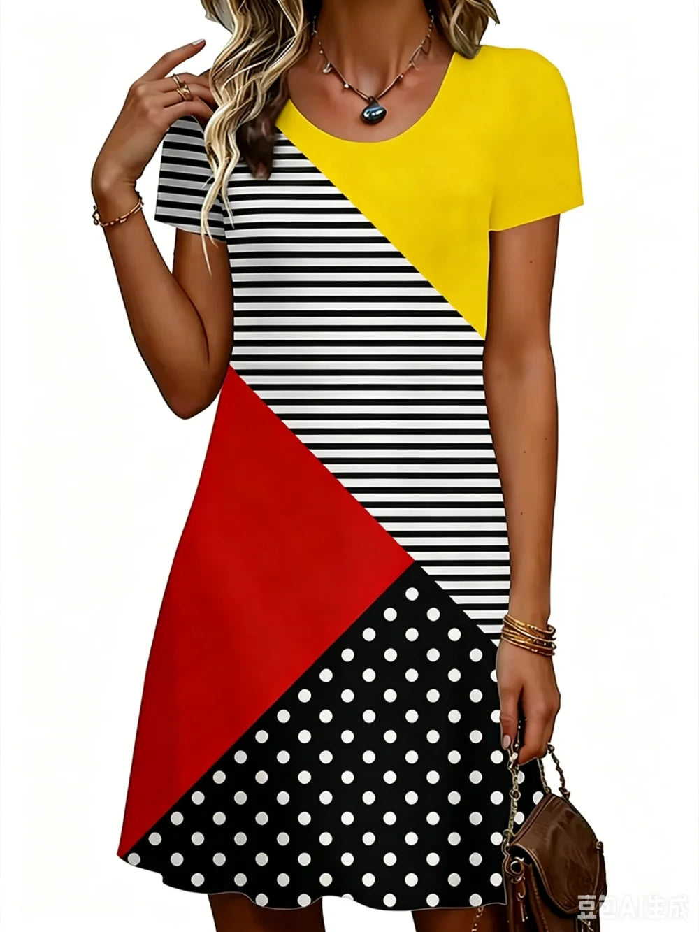 Striped Polka Dot Simple Printed Short Sleeve Dress