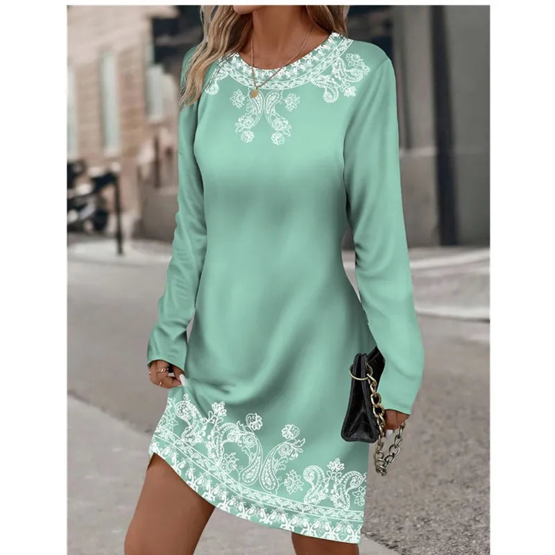 Round Neck Long Sleeved Plant Flower Printed Dress Vintage Gradient
