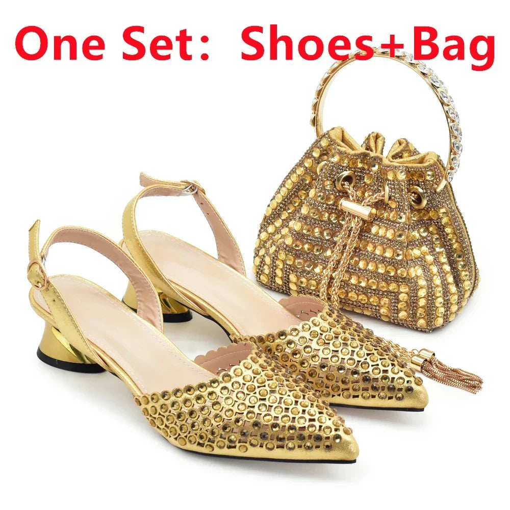 Italian Shoes with Matching Bags Set Decorated with Rhinestone
