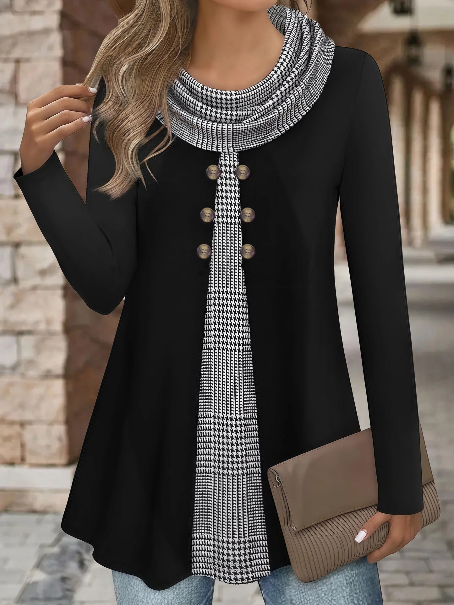 two-piece pleated scarf wild button plus size women's thin long-sleeved T-shirt