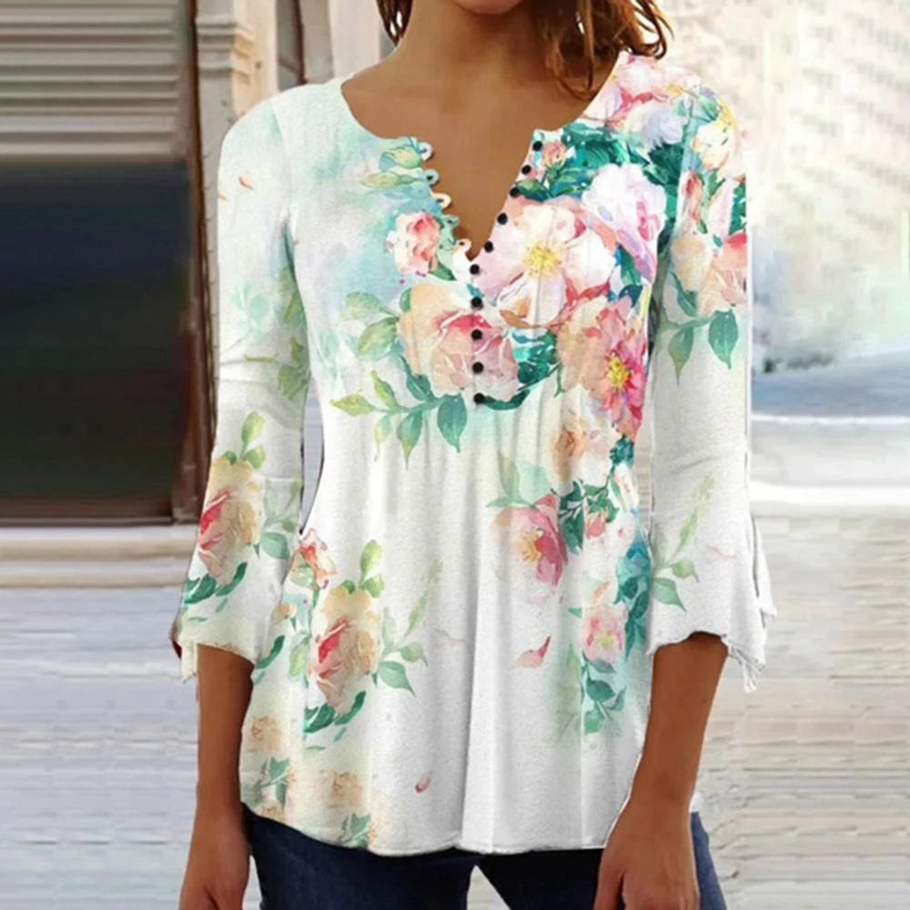 Summer Street Fashion Button-Down Comfortable Seven-Quarter Sleeve Top