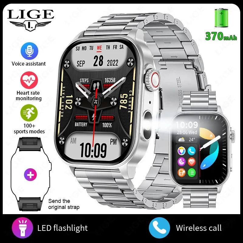 Unisex Smart Watch Flashlight 2.01" HD Large Screen AI Voice Bluetooth Call Sport And Health Monitor