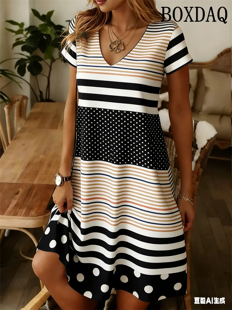 Elegant Fashion Polka Dot Striped Dress Summer Clothing Plus Size Casual V-Neck