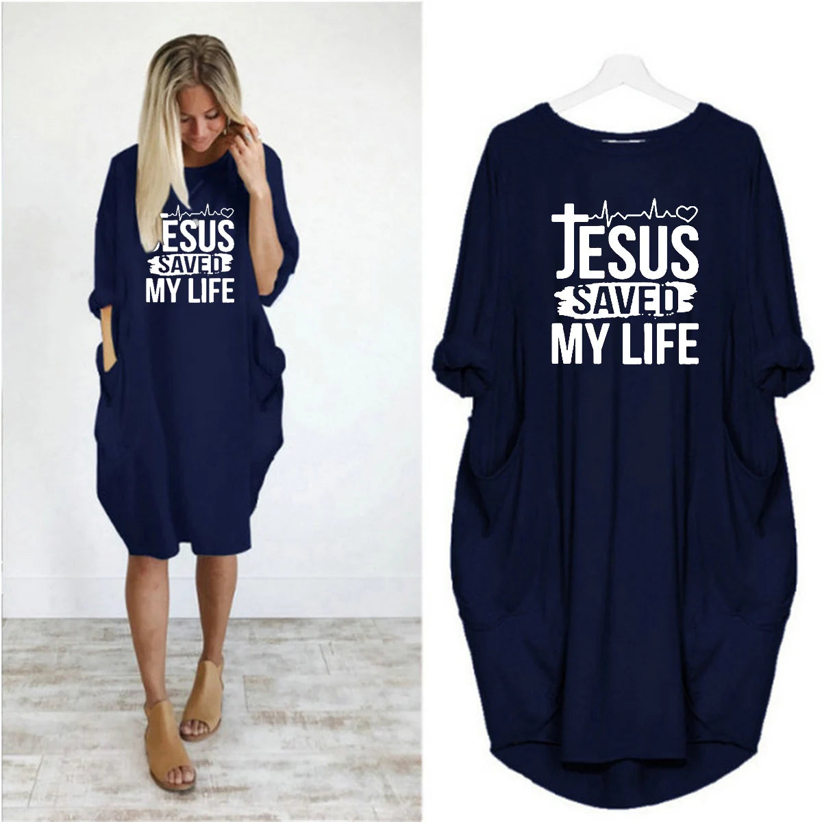 JESUS SAVED MYLIFE Print Round Neck Long Sleeve Pocket Comfortable Dress