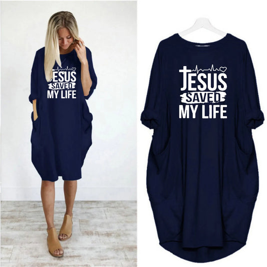 JESUS SAVED MYLIFE Print Round Neck Long Sleeve Pocket Comfortable Dress