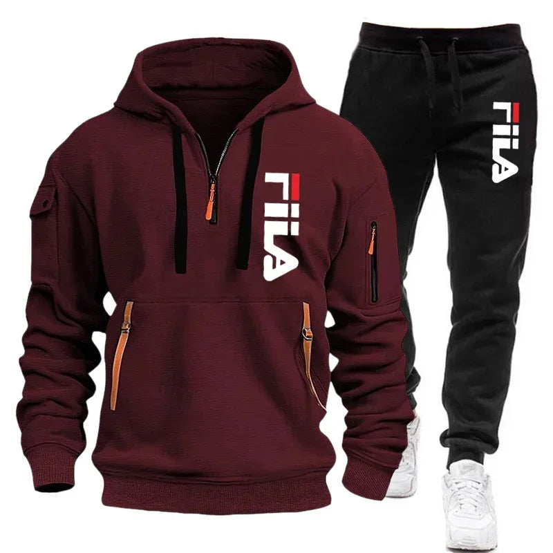 men hooded sweatshirt + Trouser, outdoor multi-pocket men's pullover sportswear set