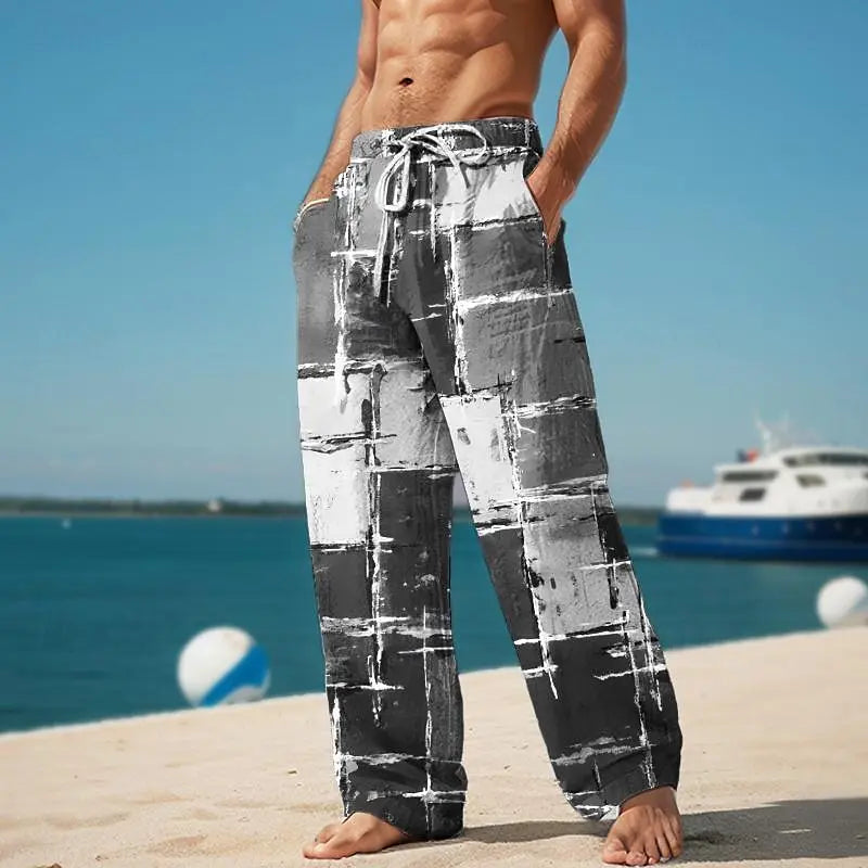 Men's Plaid Color Block Trousers Baggy Pants Mid Waist Elastic Streetwear