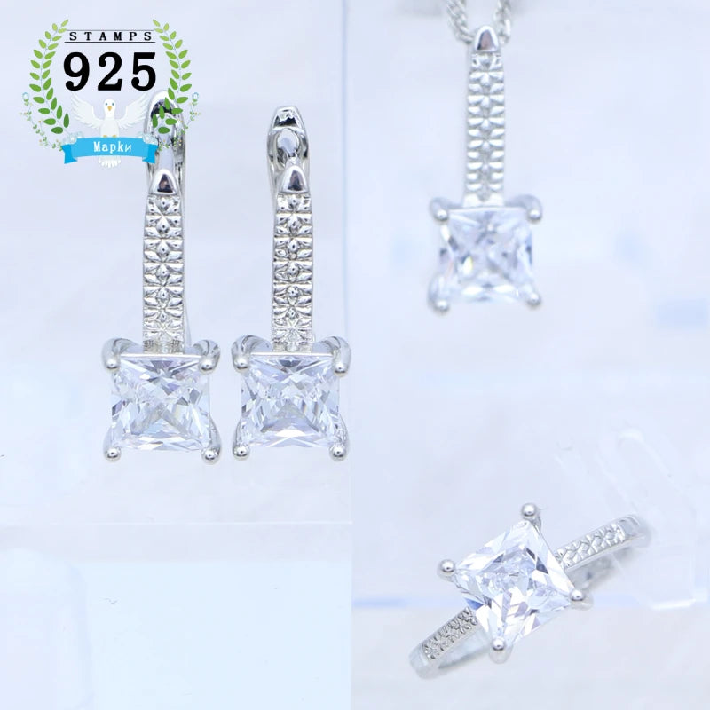 Woman Earrings Ring Pendant Necklace silver Jewelry Square Garnet Red Stone 3Set