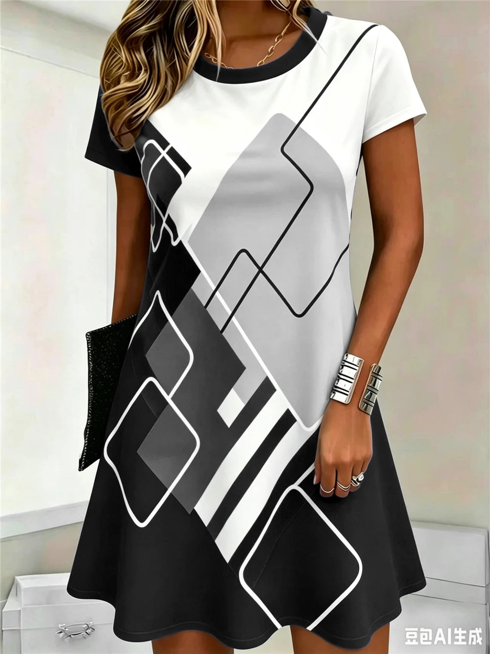 Fashion Striped Plaid Geometric Pattern Women Mini Dress