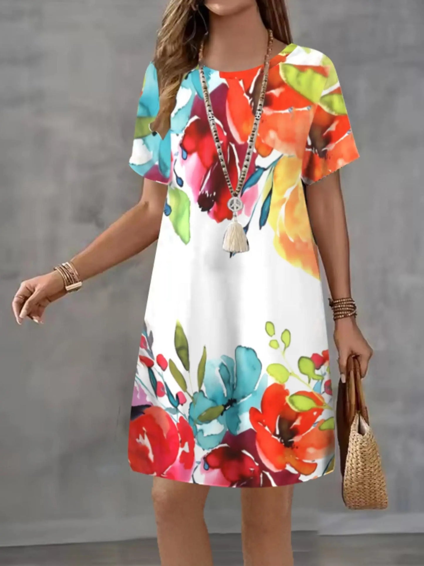 Floral Loose Vintage Sexy Elegant Befree Midi Short Sleeve Dress