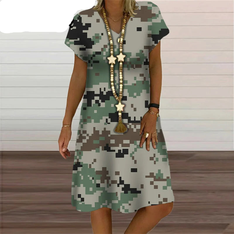 Camouflage Print Midi Dress V-Neck Summer Clothing