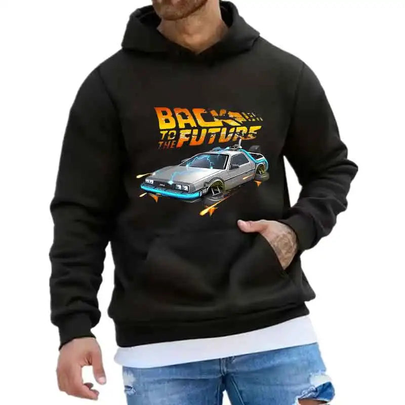 Back To The Future Retro DeLorean Car Print Hoodie Pullover Long Sleeve