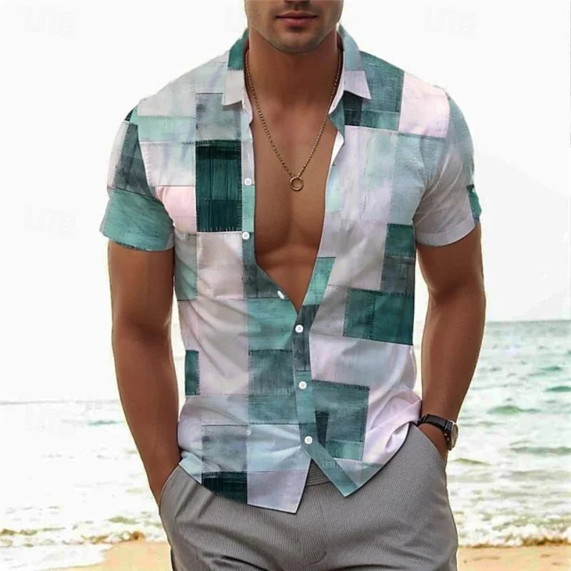 Men's Summer Patchwork Printed Button  Sleeve Shirt Tropical Vacation