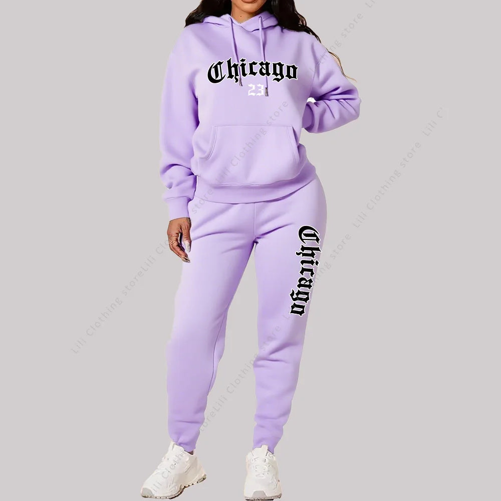 Women's Sets Hoodies Pants 2 Piece Outfits Chicago Graphic Letter Print