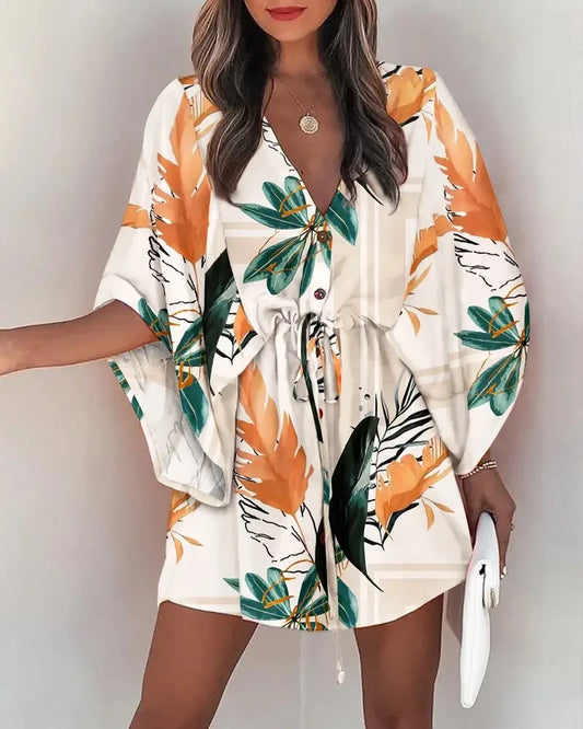 Summe New Floral Print Bat Half-Sleeve V-Neck