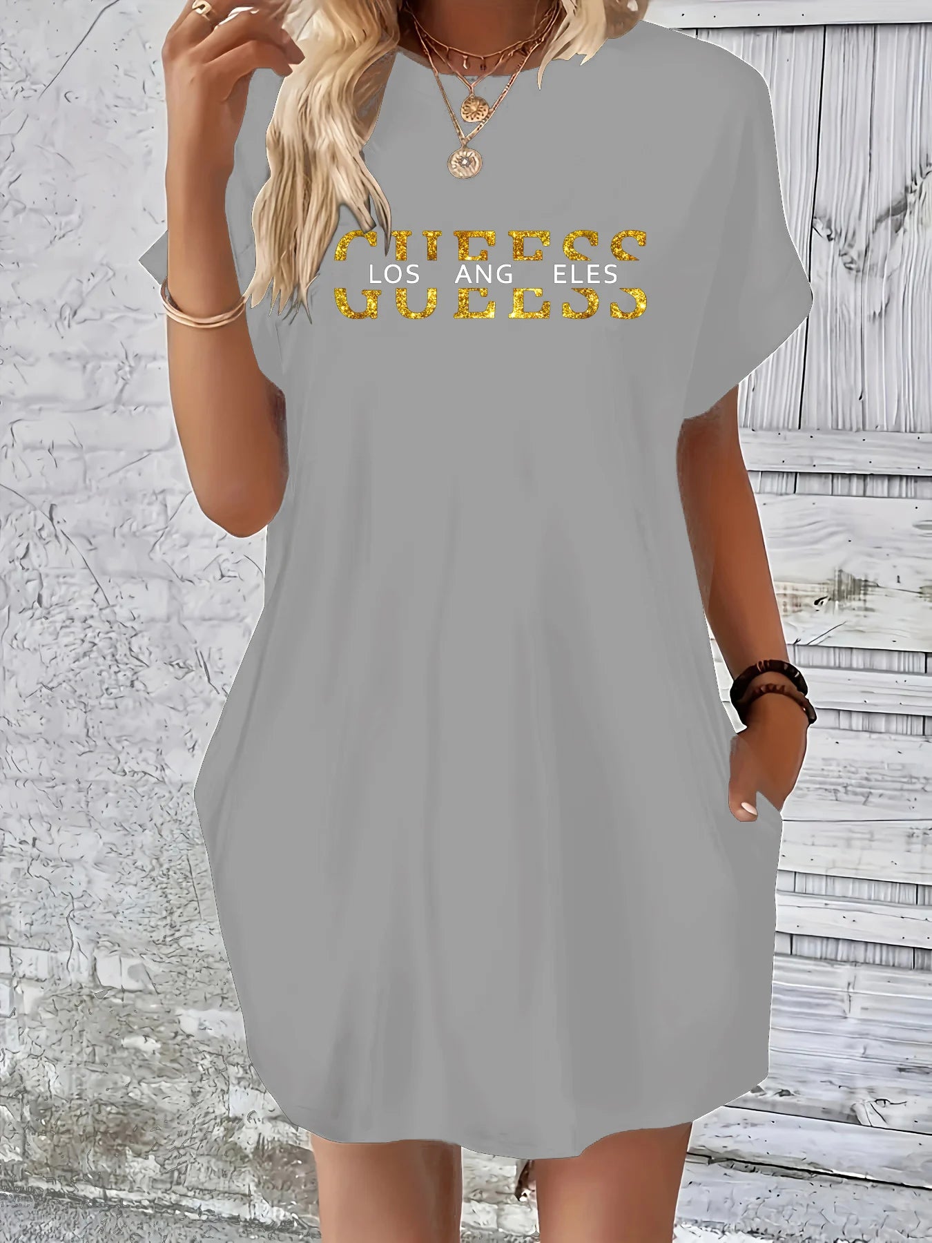Gueess Los Angeles letter pattern print round neck short sleeved pocket comfortable Dress