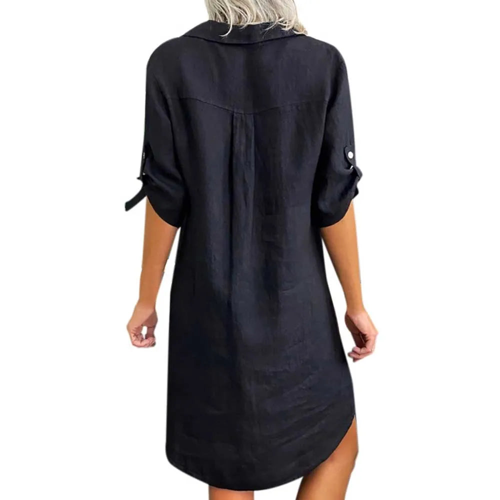 Blouse Dress Vintage Short Sleeve Loose Solid Mini Dress